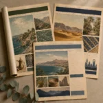 Vintage wrapping paper sheets with Saudi coast, dunes, palms, skyline and patterned tiles
