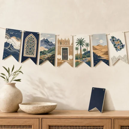 Pennant banner with waves, arched window, mountains, fort door, palm and dunes
