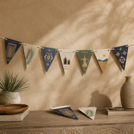 Triangular pennant garland with Najdi patterns, palm and dallah on a warm wall