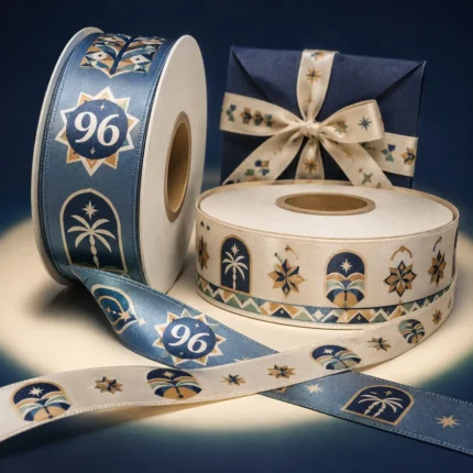 Blue and cream ribbon rolls with 96 badges, palms and arches and a bow-tied gift