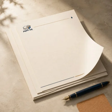Cream letterhead sheets with logo and thin lines beside a fountain pen
