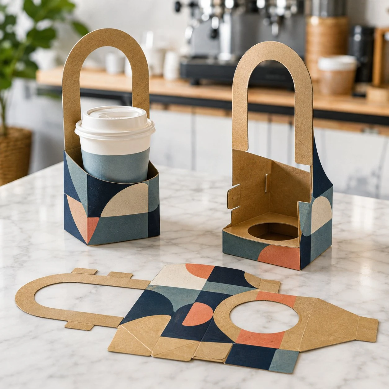 Custom Printed Cup Holders 16.5 x 10 cm with Geometric Art Kraft single-cup holders with arched handles and geometric print, one holding a cup