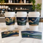 Paper cups with sleeves showing 96 badge, palms, mountains, sailboat and skyline