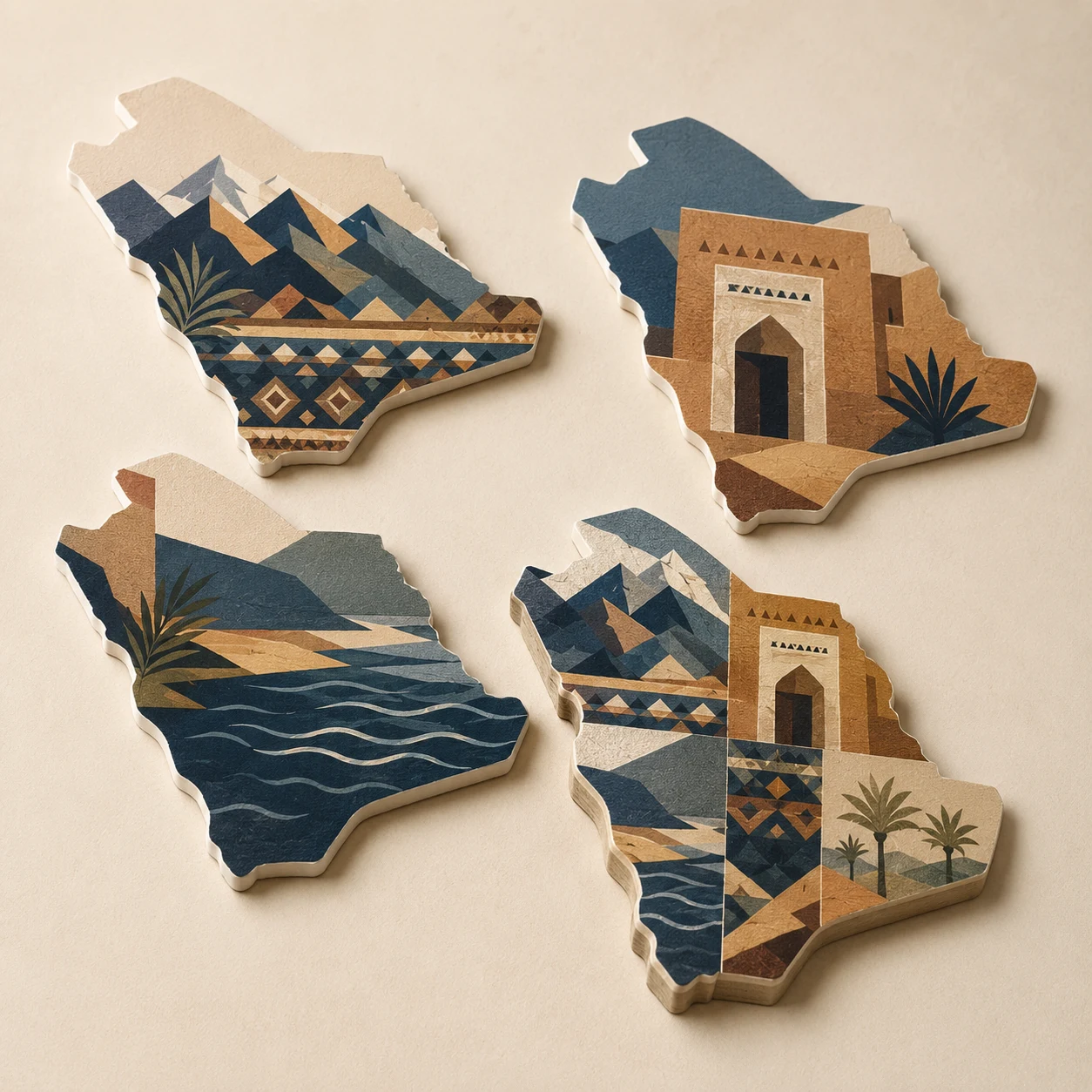 Custom Saudi Kingdom Map Cards Collection 2 Landscape Art Four Kingdom map shaped cards with mountains, fort gate, palms and sea waves