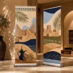 رولان بتصميم تراثي لقلاع طينية ودلة قهوة وسعف نخيل بالأزرق والبيج