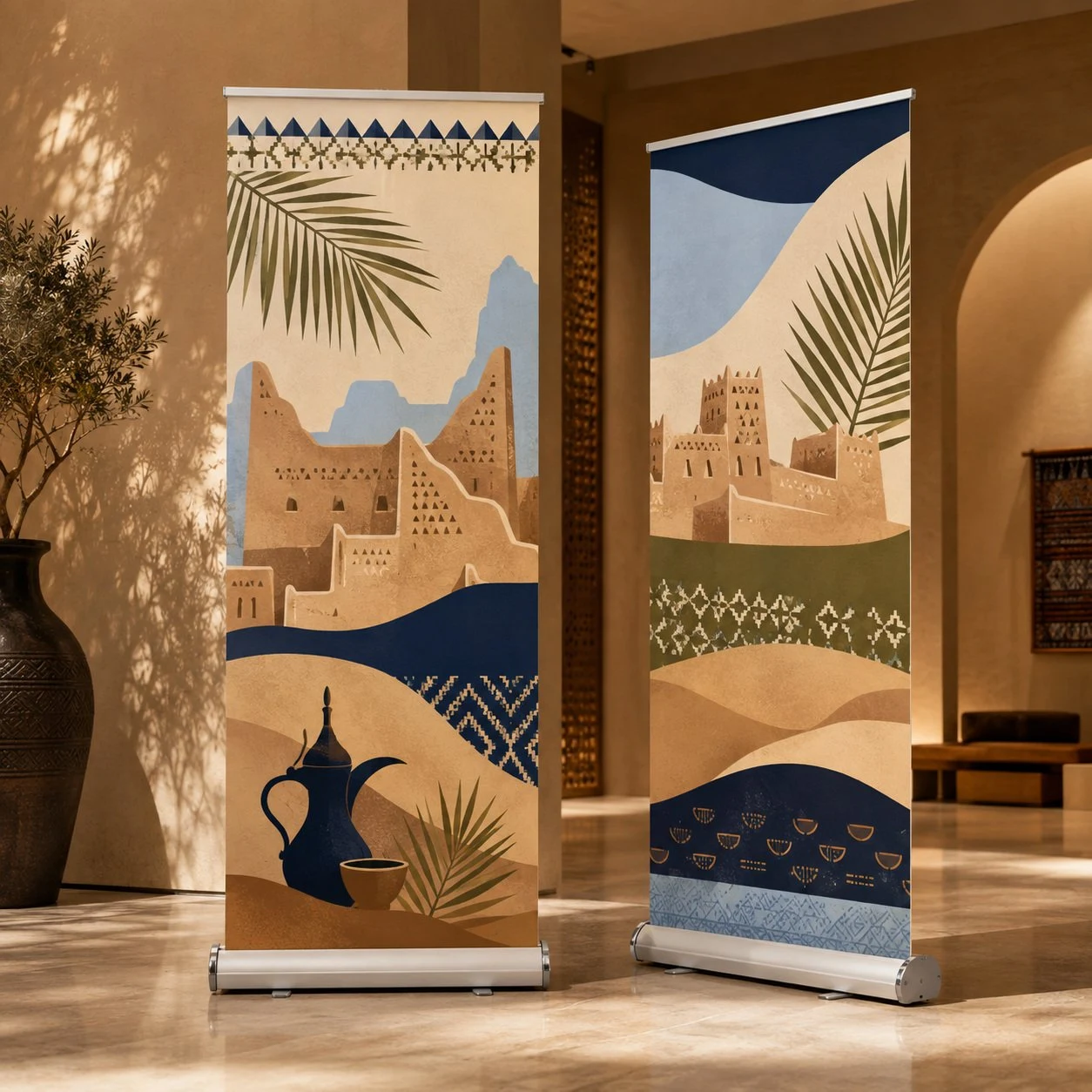 طباعة رول اب ليوم التأسيس بتصميم قلاع ودلة قهوة ونخيل رولان بتصميم تراثي لقلاع طينية ودلة قهوة وسعف نخيل بالأزرق والبيج