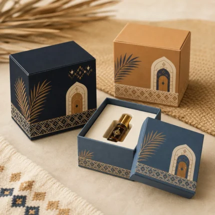 Navy and kraft Najdi-pattern favour boxes, one open with a perfume bottle