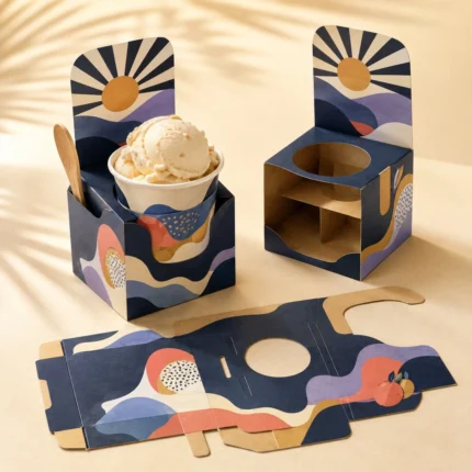 Navy sunrise-print holders holding an ice cream cup with a flat die-cut