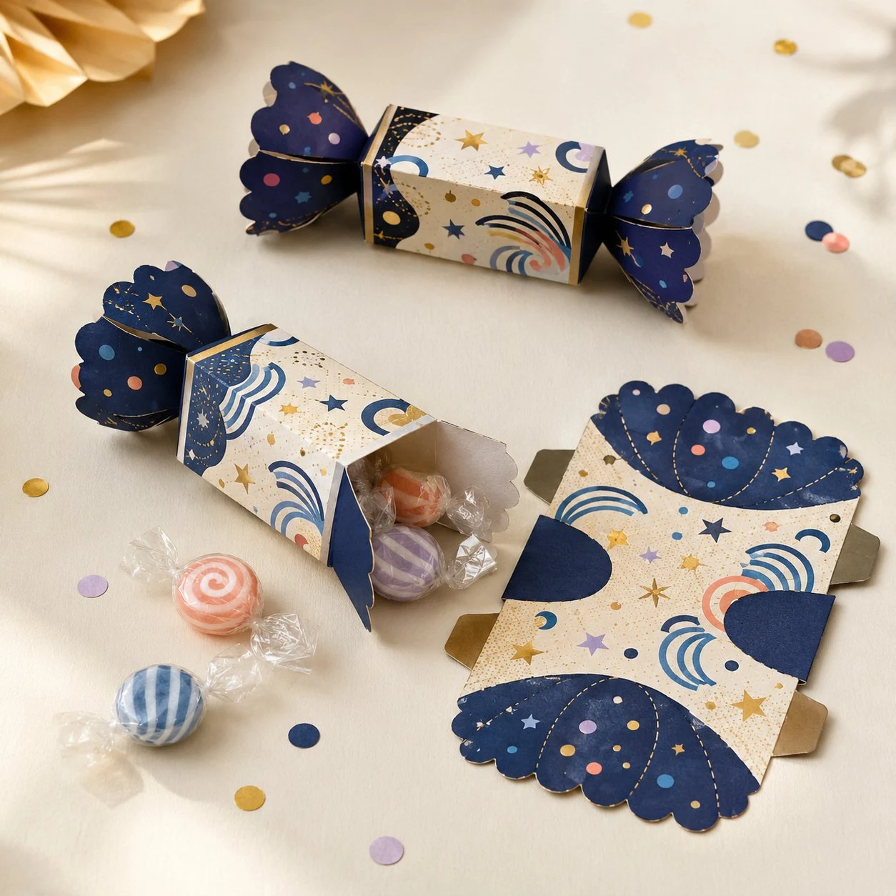 Custom Printed Candy Boxes – Starry Navy Candy-Shaped Favour Boxes Candy-shaped favour boxes with starry navy ends holding striped candies