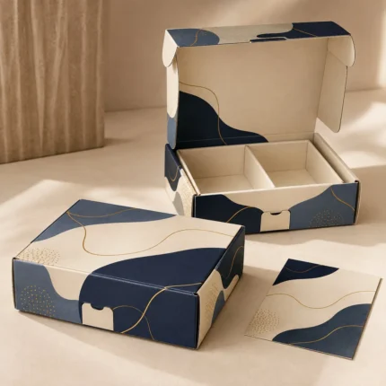 Large navy and cream mailer boxes, one open showing a divider