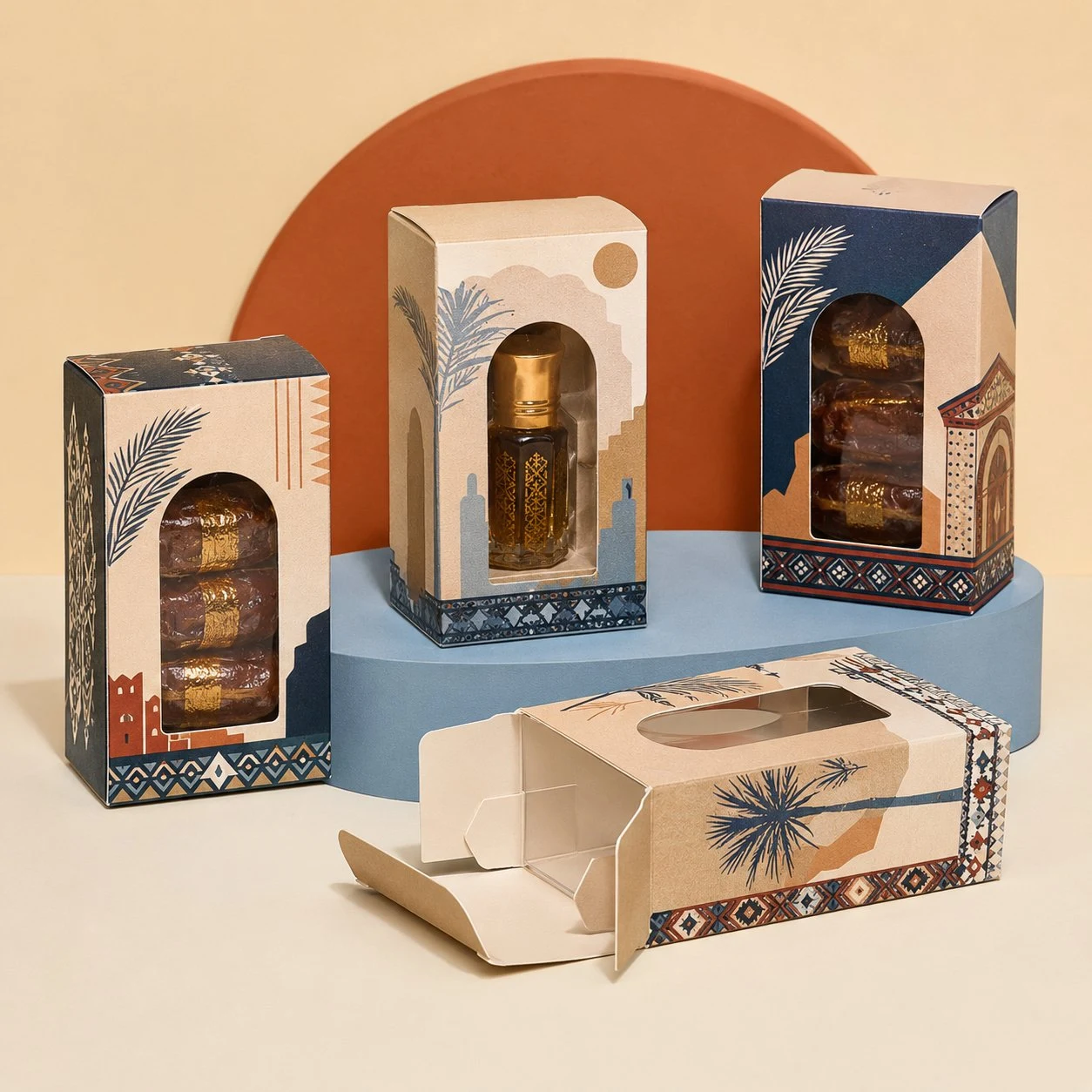 Saudi Founding Day Gift Favour Boxes – Window Boxes with Najdi Art Window favour boxes with Najdi art holding dates and a perfume bottle
