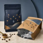 Navy and kraft coffee bags with bean icons and silver foil lining