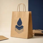 Brown kraft paper bag with a navy drop logo and twisted handles