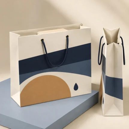 Wide cream cardstock bag with navy bands and gold half-circle
