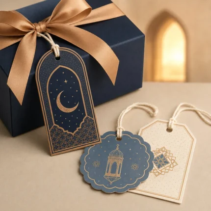 Navy, blue and cream Eid tags with gold crescent and lantern on a gift box