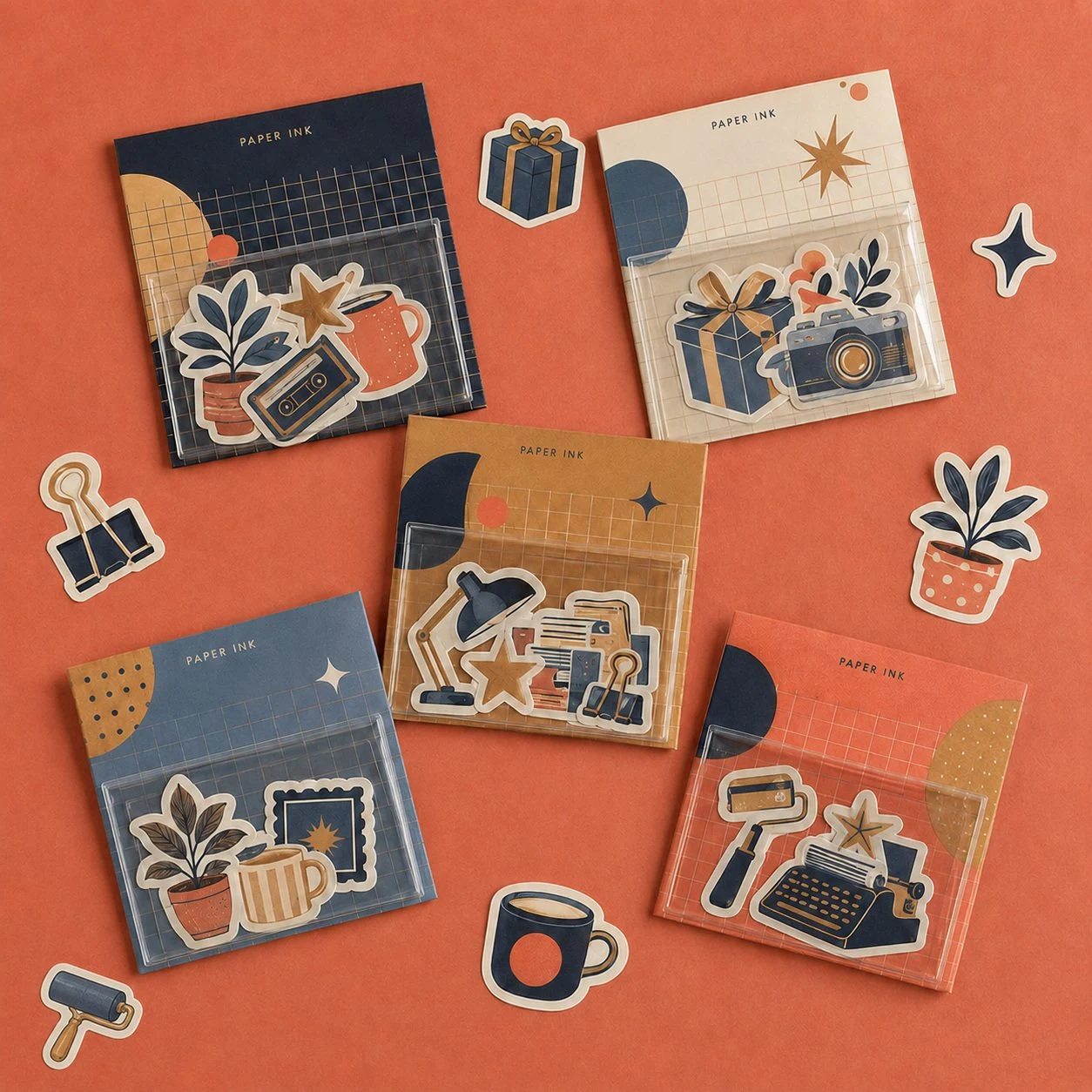 Custom Sticker Hugger Cards 12 x 10 cm Packs with Desk Icons Five sticker hugger card packs with plants, cameras and desk icons