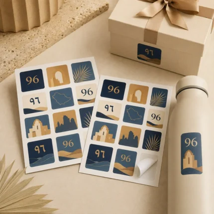 Square Saudi National Day 96 stickers on sheets, a gift box and bottle