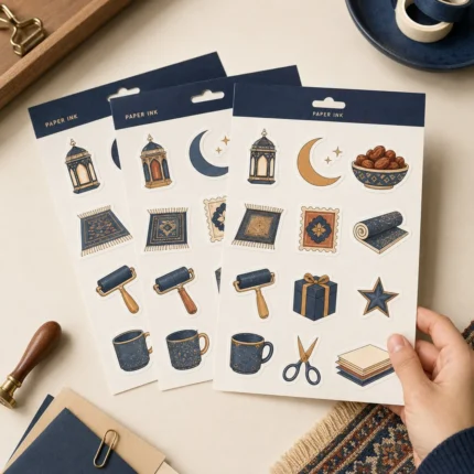 Three A5 sticker sheets with lanterns, crescents, rugs, gift and mugs