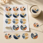 Round stickers with sun, waves and citrus designs on a sheet and tin