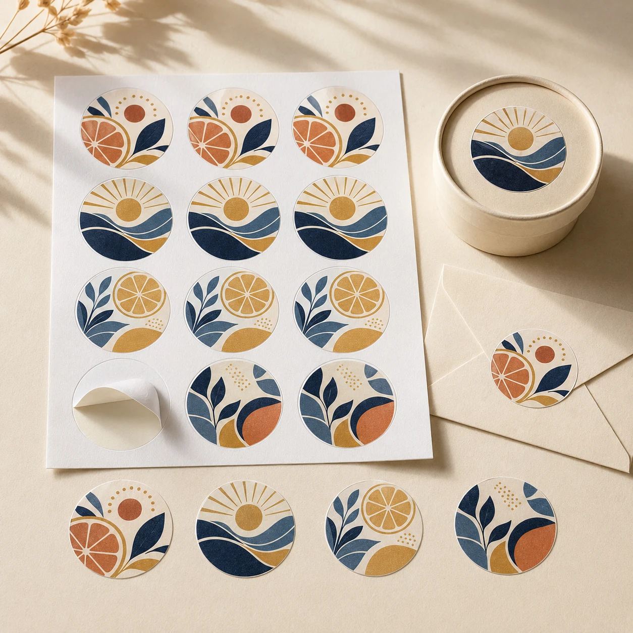 Large Custom Round Stickers 26 and 33 cm with Sun and Citrus Designs Round stickers with sun, waves and citrus designs on a sheet and tin