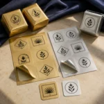 Matte gold and silver sticker sheets with leaf icons on chocolates