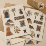 Founding Day stickers with a Najdi door, palm, dallah and Sadu pattern