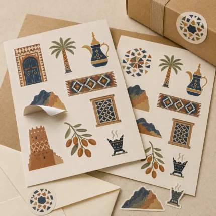 Founding Day stickers with a Najdi door, palm, dallah and Sadu pattern