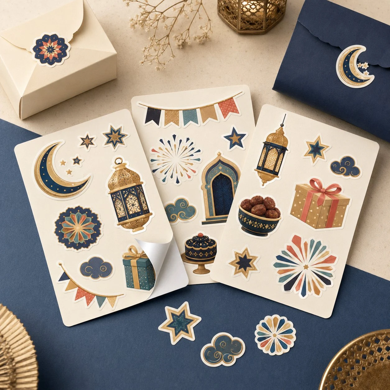 Eid Sticker Sheets A5 and A6 with Crescent, Lantern and Fireworks Eid stickers with crescents, lanterns, fireworks and bunting
