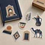 Die-cut stickers of a dallah, camel, palm leaf and fort on a notebook