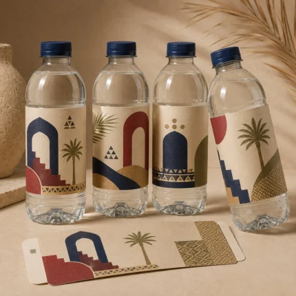 Water bottles wrapped in Najdi-motif kraft paper bands