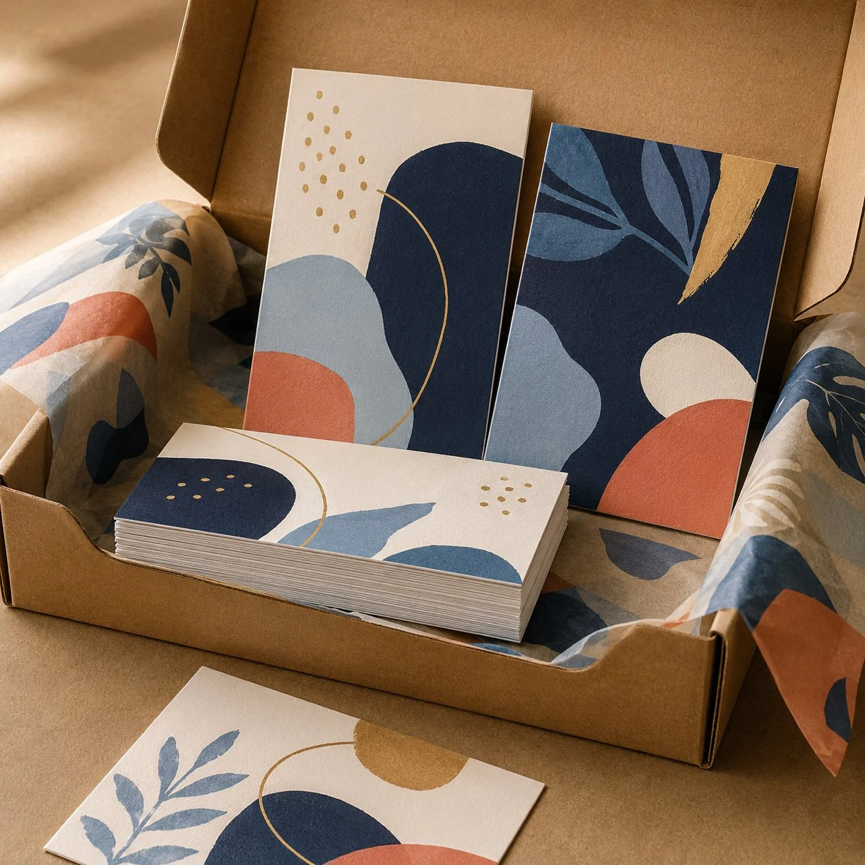 Custom Printed A6 Cards 10 × 15 cm – Abstract Navy & Coral A6 abstract navy and coral cards in a kraft box with patterned tissue