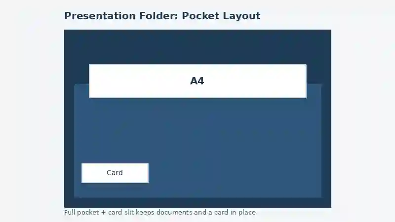Diagram of a presentation folder pocket layout with a business card slit