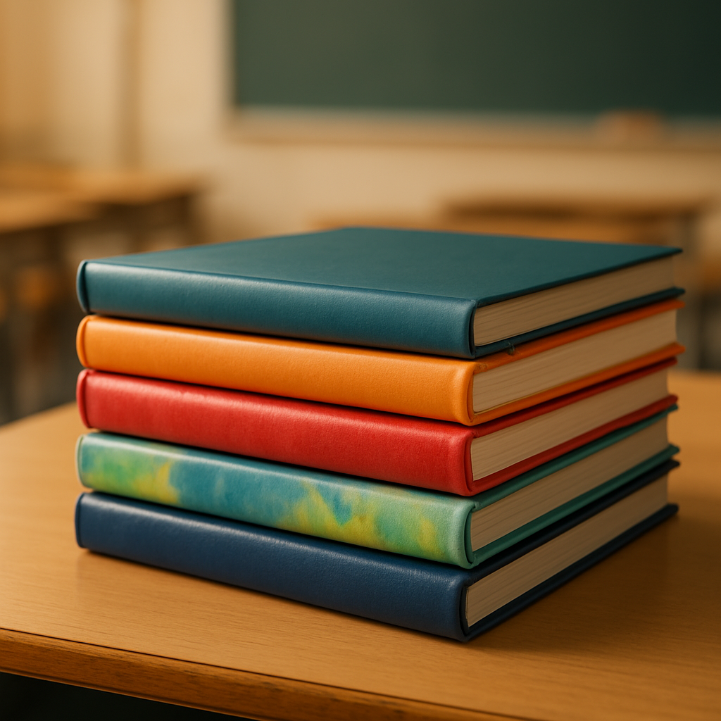 Stack of bound school yearbooks on a classroom table