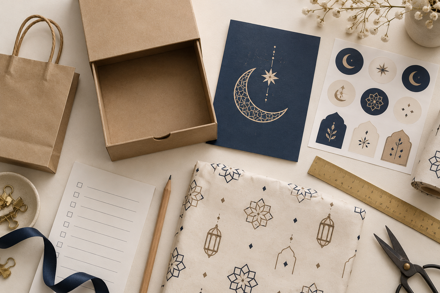 علبة كرافت فارغة وبطاقة كحلية بهلال وشيت ملصقات وورق تغليف بنقوش رمضانية بجوار مسطرة وقائمة تخطيط