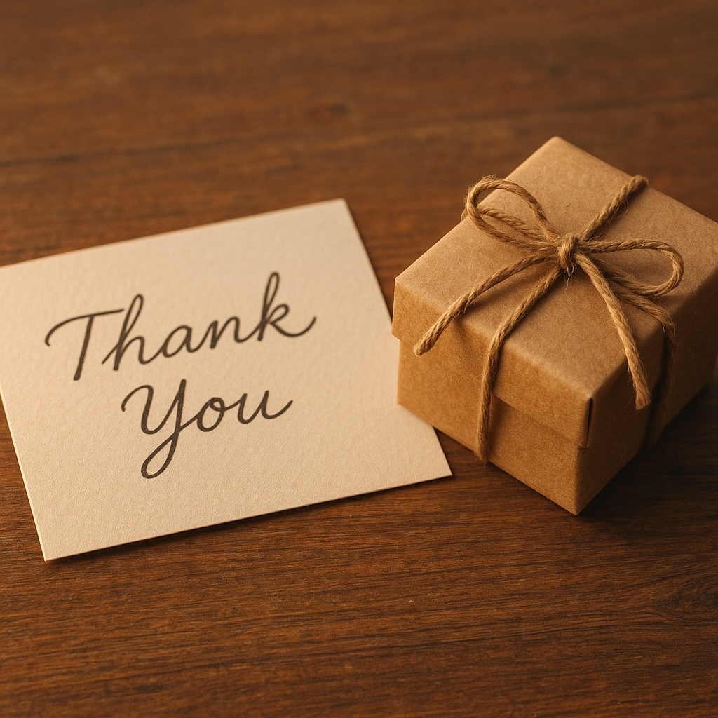 A handwritten thank-you card beside a small wrapped gift box on a wooden table