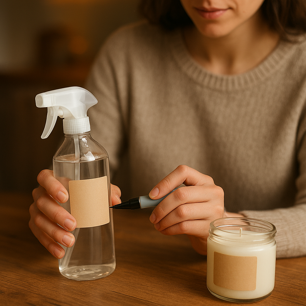 Home entrepreneur applying a printed warning label to a cleaning spray bottle and candle jar