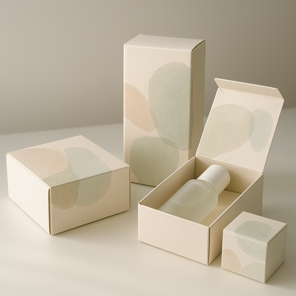 Realistic photo of elegant custom printed mailer boxes for skincare products on a clean studio table, soft natural light, no text, no logos, no readable words in the image
