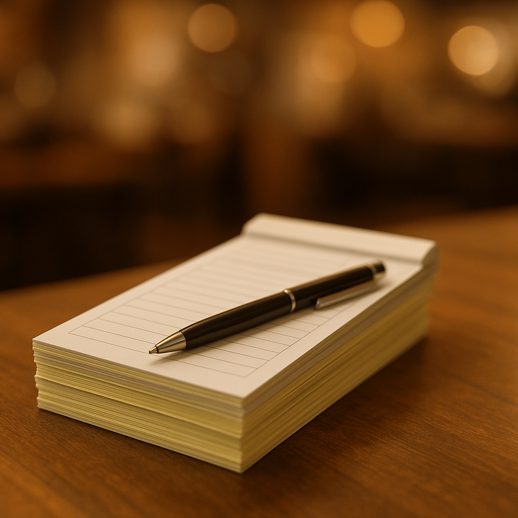 Stack of carbonless two-part order pads with a pen on a restaurant counter