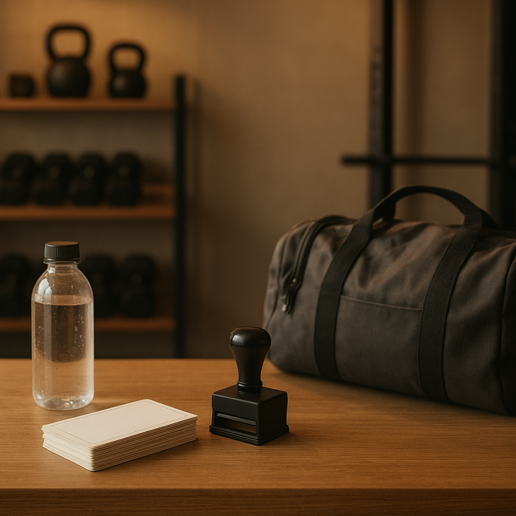 Boutique gym front desk with a stack of blank paper punch cards and a stamper