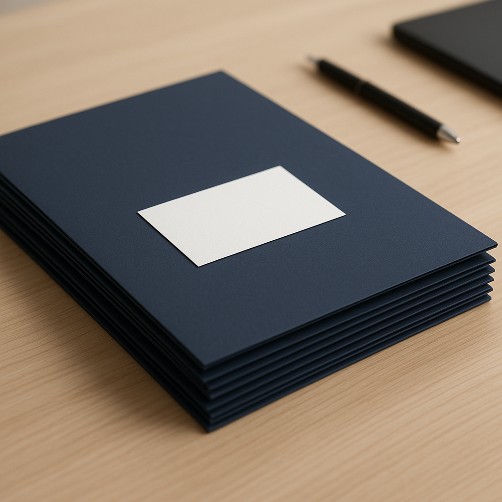 Stack of navy presentation folders with business card, office desk, studio photo, no text, no logos