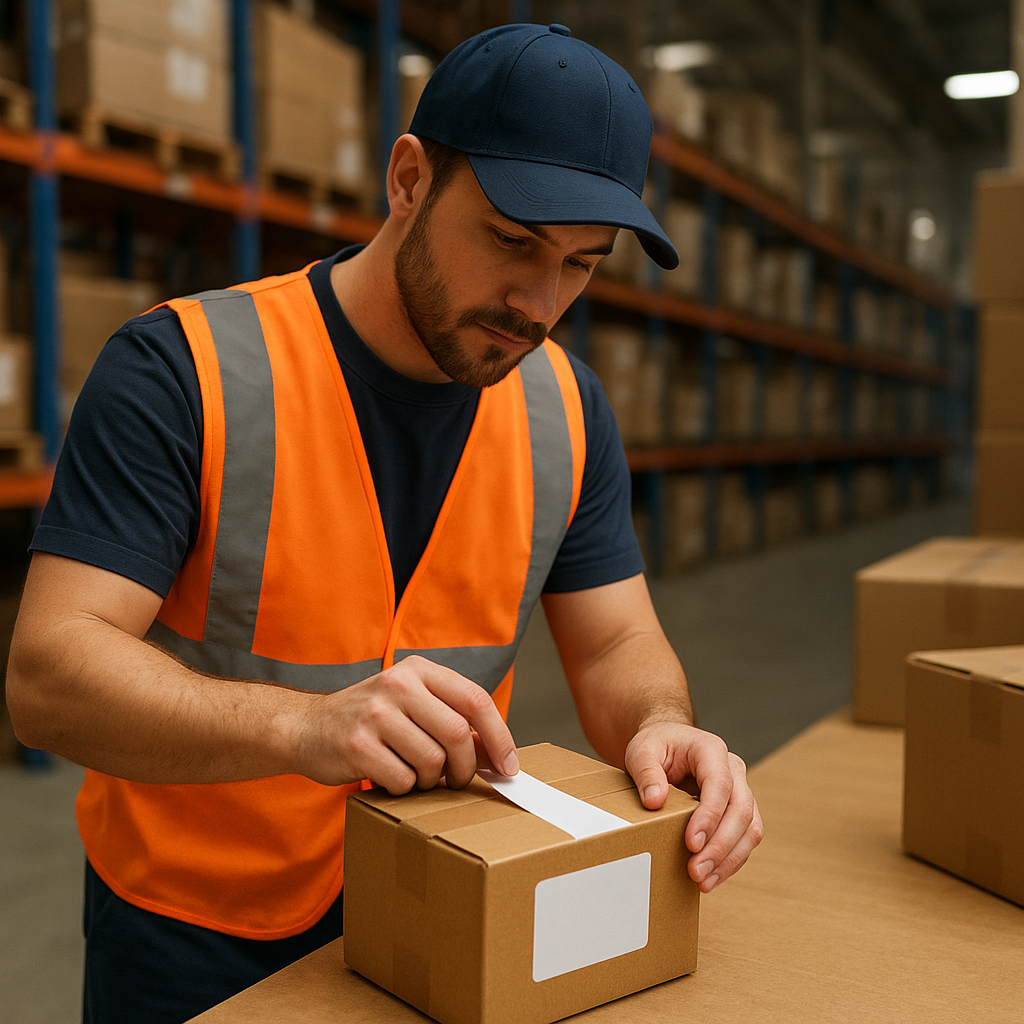 Warehouse worker applying a blank sticker to a small shipping box for an FBA shipment