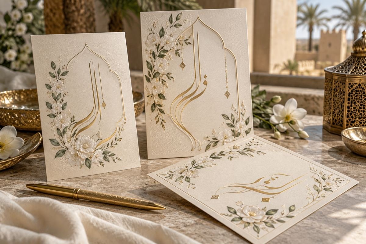 كروت زواج مزينة بزخارف خطية وزهور مع قلم للمراجعة