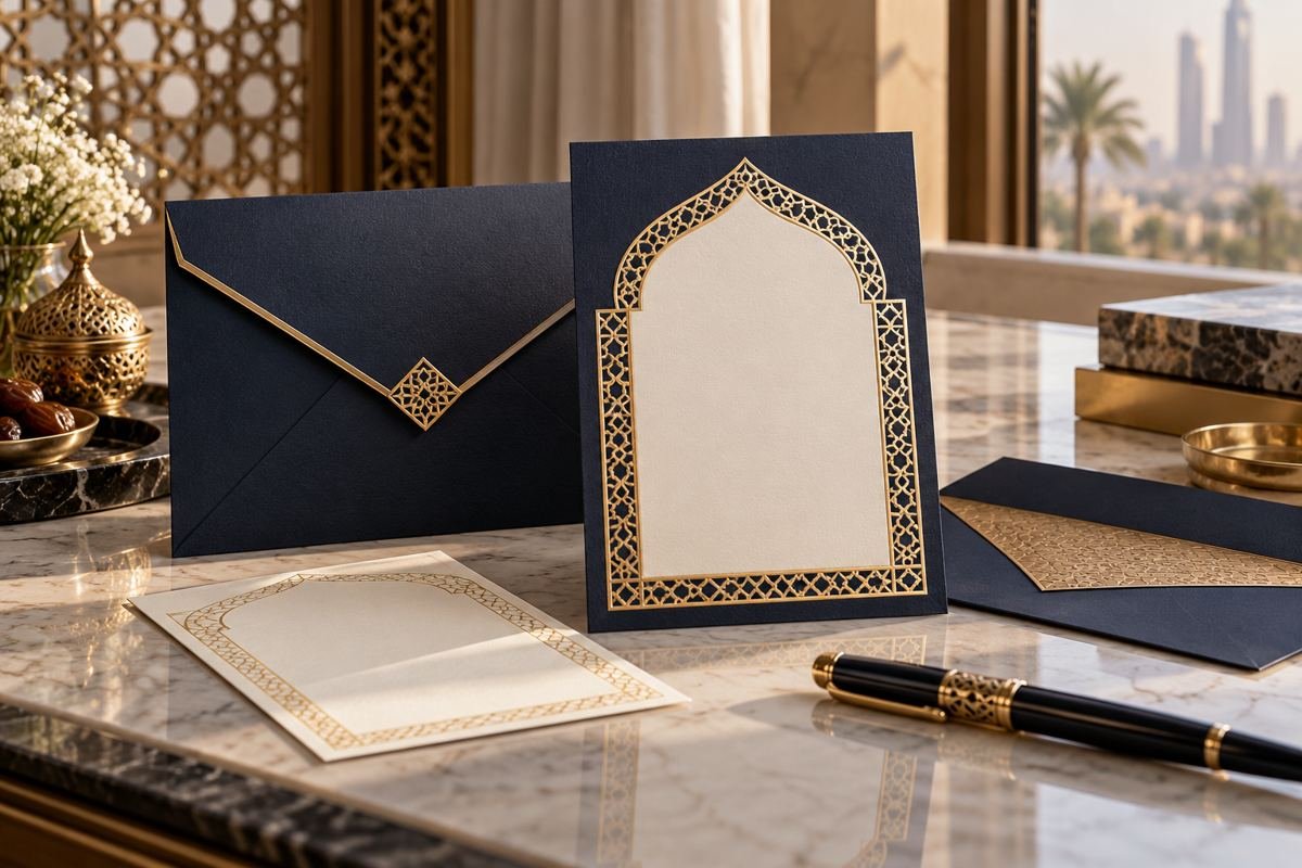 دعوة زواج رجالية كحلية بزخارف ذهبية وظرف متناسق