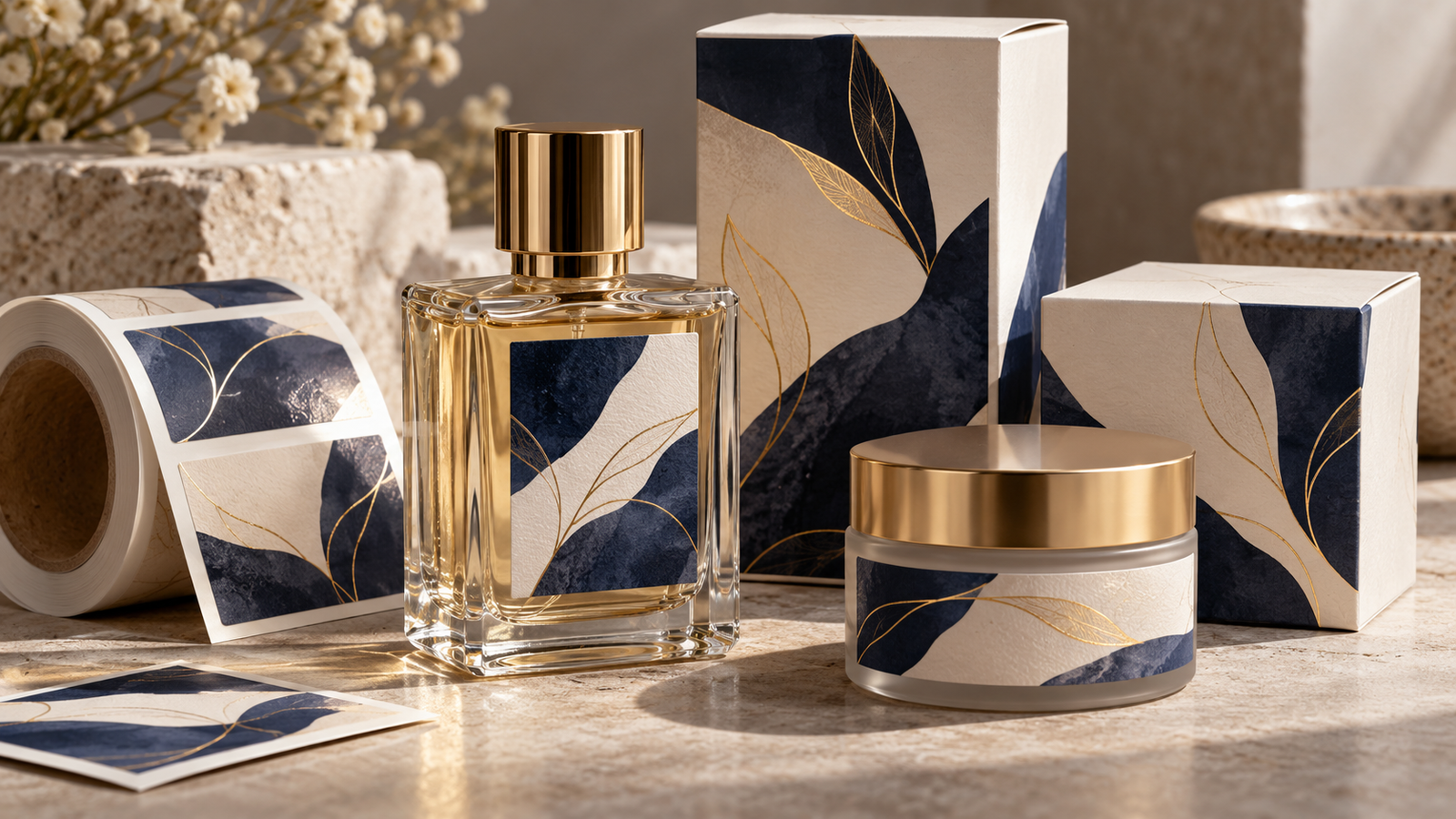 عبوة عطر ومرطبان تجميلي بملصقات وعلب مطبوعة متناسقة