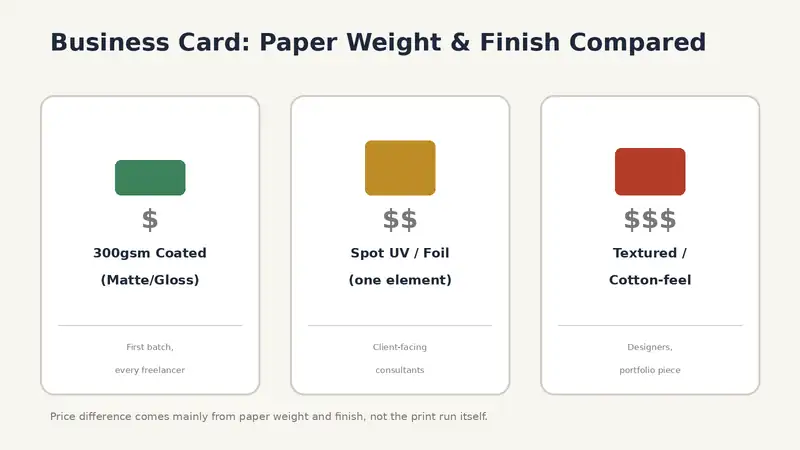 Comparison of paper weight and finish options for business cards: 300gsm coated, spot UV foil, and textured cotton-feel stock