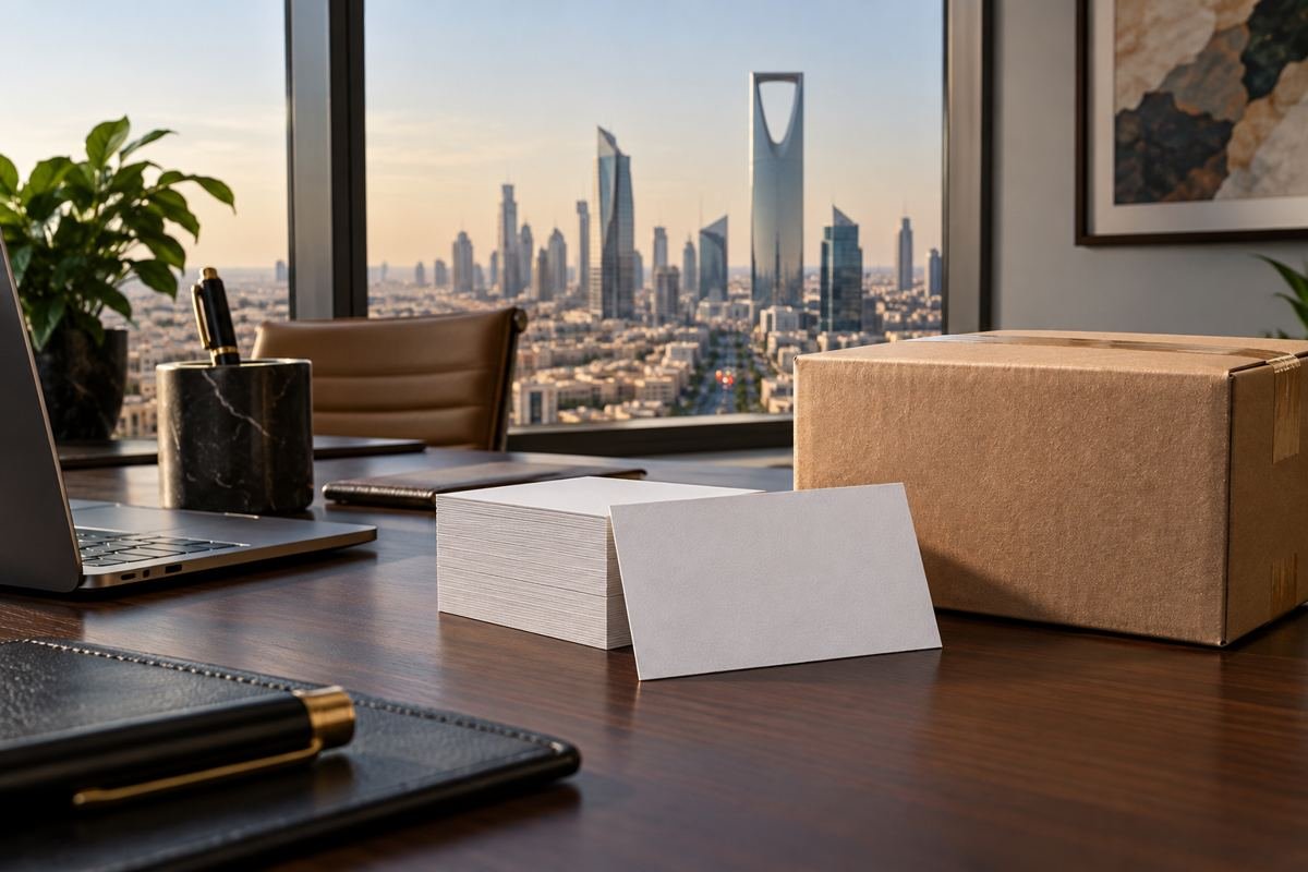 Business cards and a delivery parcel on a Riyadh office desk