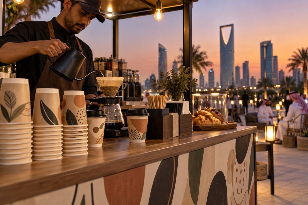 Printed kraft cup sleeves on takeaway cups at a Riyadh pop-up coffee stand