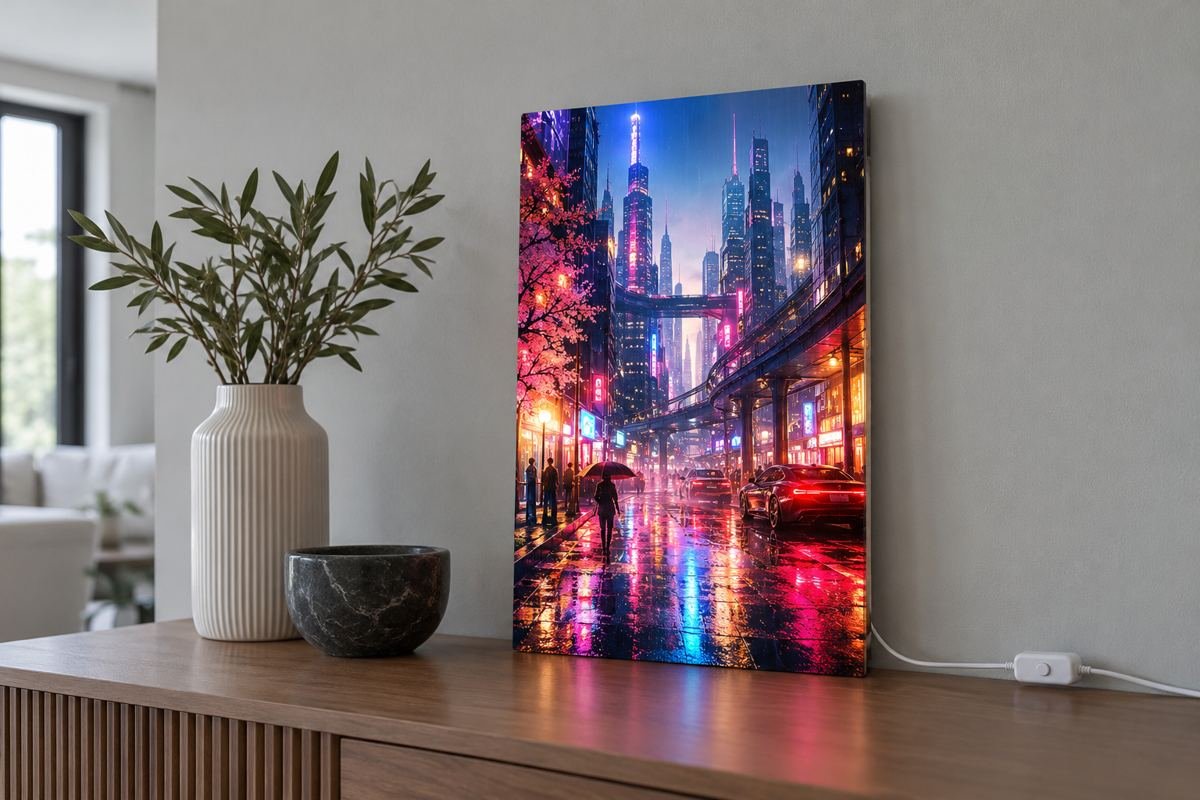 Illuminated original neon city artwork in a cyberpunk inspired gaming room