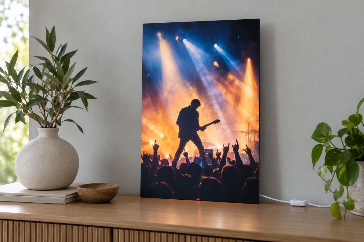 Original virtual concert artwork in an illuminated poster beside a gaming desk
