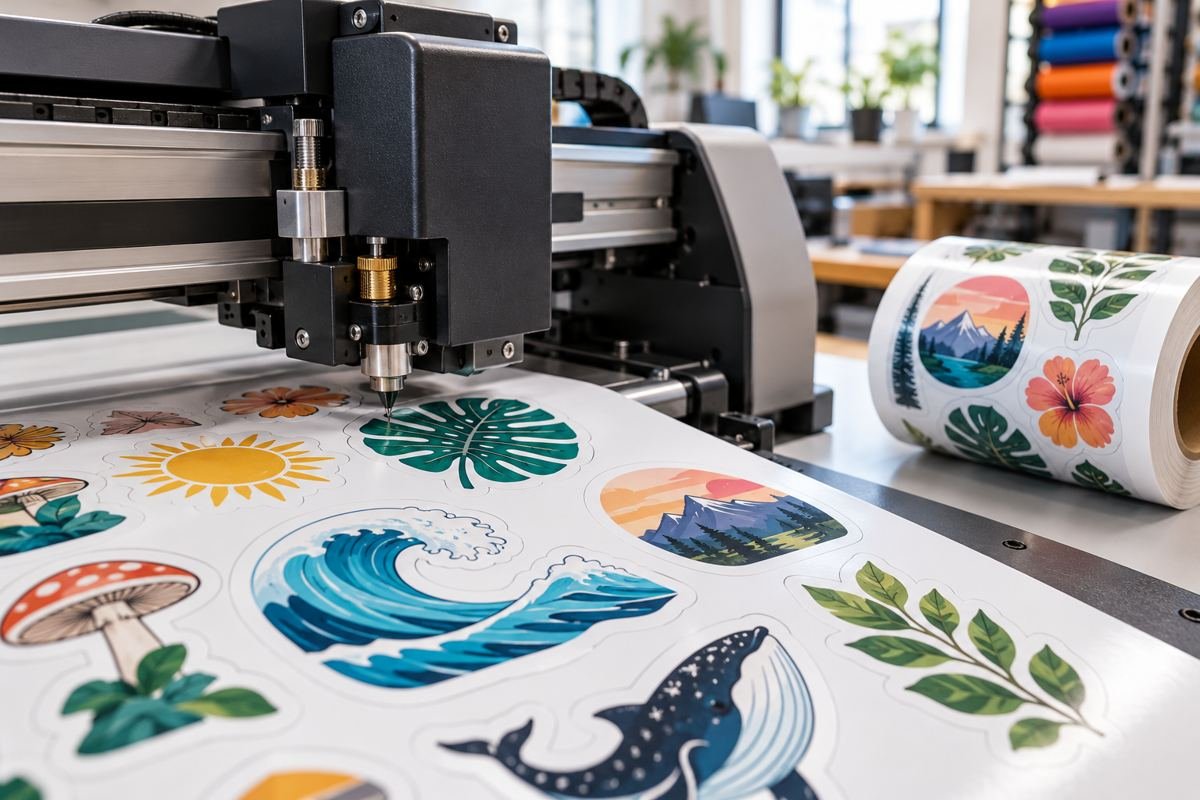 Contour cutter following printed sticker outlines with a finished vinyl roll nearby
